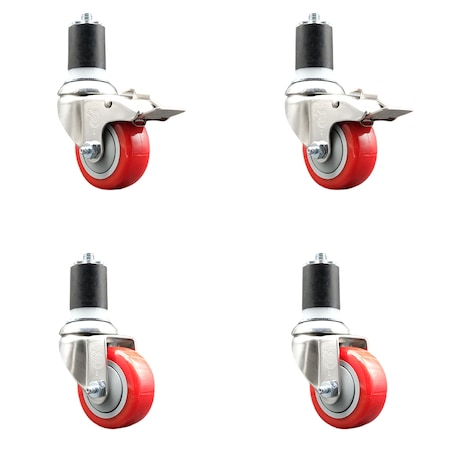Service Caster 3 Inch 316SS Red Poly Swivel 1-3/4 Inch Expanding Stem Caster Lock Brake, 2PK SS316TTLEX20S314-PPUB-RED-2-S-2-134